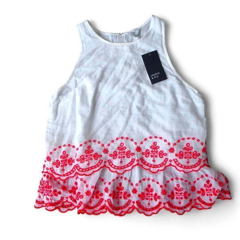 Crown & Ivy Embroidered Fashion Summer Cotton Tank White Women's M